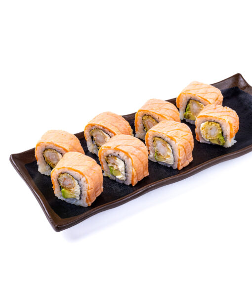 Saumon roll à la flamme tempura scampis avocat philadelphia